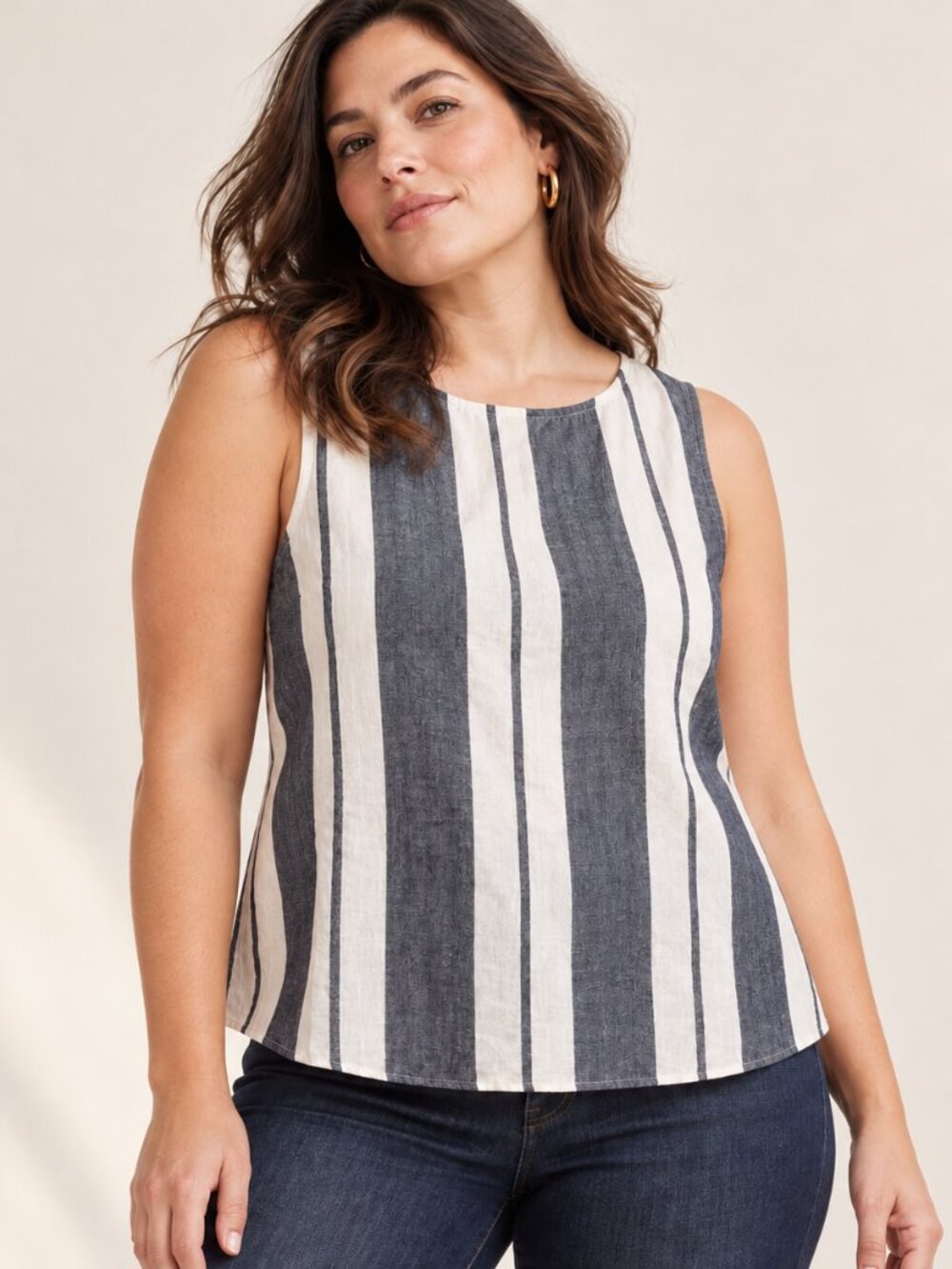 Maeve Blyton Striped Linen Cotton Sleeveless Top Navy White Size 16 NWT